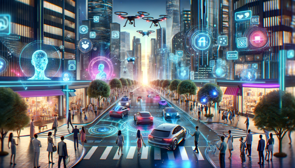 Futuristic cityscape showcasing the integration of computer vision technology. The scene features bustling streets with self-driving cars and pedestrians wearing smart glasses. Skyscrapers are adorned with interactive digital displays that respond to people and the environment. Above, drones equipped with advanced cameras contribute to traffic management and public safety. Individuals interact with holographic interfaces in public spaces, while AI-powered cameras offer personalized recommendations. The atmosphere is vibrant, illuminated by neon lights, emphasizing the technological advancements and the profound impact of computer vision on society.