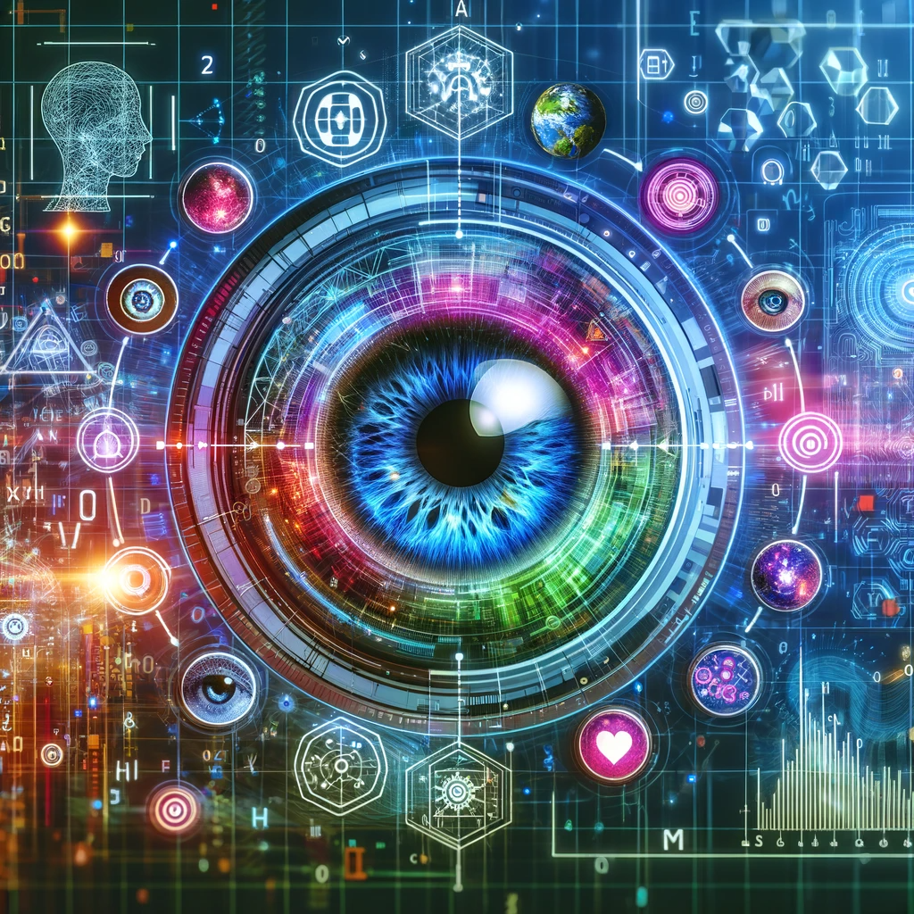 Digital artwork showcasing the essence of OpenCV in AI and computer vision, featuring abstract graphics symbolizing image processing, object detection, and AI integration, set against a backdrop of code and mathematical symbols, embodying modern technological innovation.